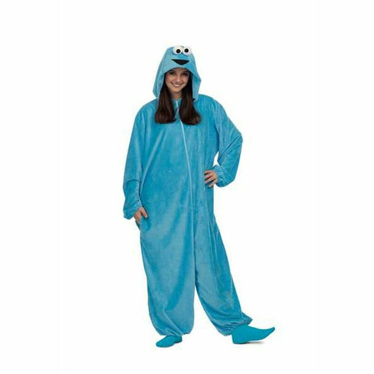En person klädd i en fluffig, ljusblå maskeraddräkt föreställande Cookie Monster, komplett med en huva med figurens stora ögon och leende mun.