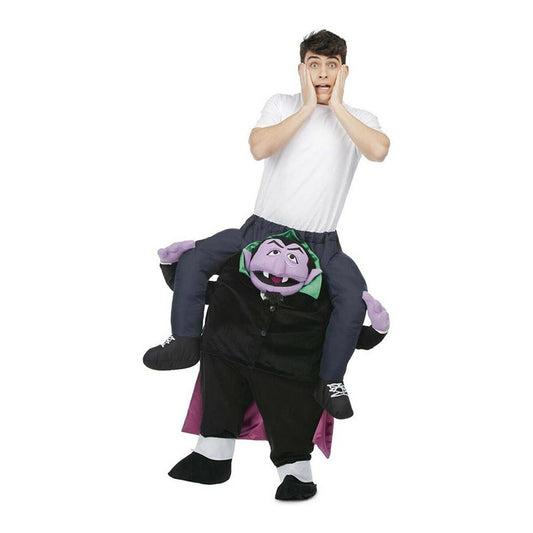 Ett barn i en svart bär-mig-maskeraddräkt där en lila vampyr med grönt krage ser ut att sitta på barnets axlar.