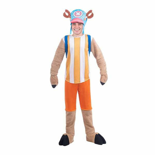 En vuxen man iklädd en komplett Chopper-maskeraddräkt, som inkluderar en blå hatt med horn, en gul- och vitrandig tröja, orangea byxor, samt bruna, lurviga armar och ben som slutar i svarta klövar.