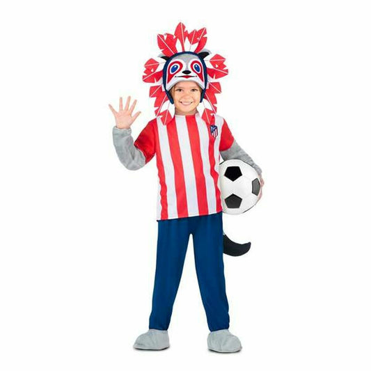 Ett leende barn står i en maskeraddräkt som kombinerar Atlético Madrids röd-vita tröja med en stor, röd- och vitfjäderprydd indianinspirerad huvudbonad, och håller i en fotboll.