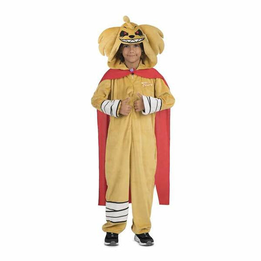 Ett barn poserar i en gul kigurumi-maskeraddräkt som föreställer karaktären Mike Exe, komplett med en stor huva med ett elakt leende och en röd cape.