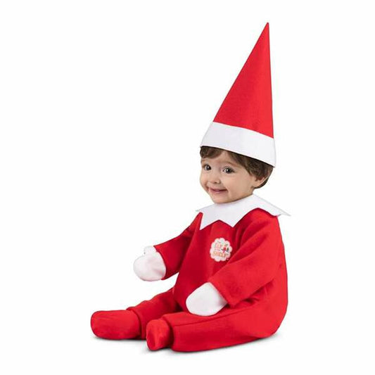 En sittande baby klädd i en röd maskeraddräkt som liknar en tomtenisse eller alv, komplett med vit krage och en hög röd luva.