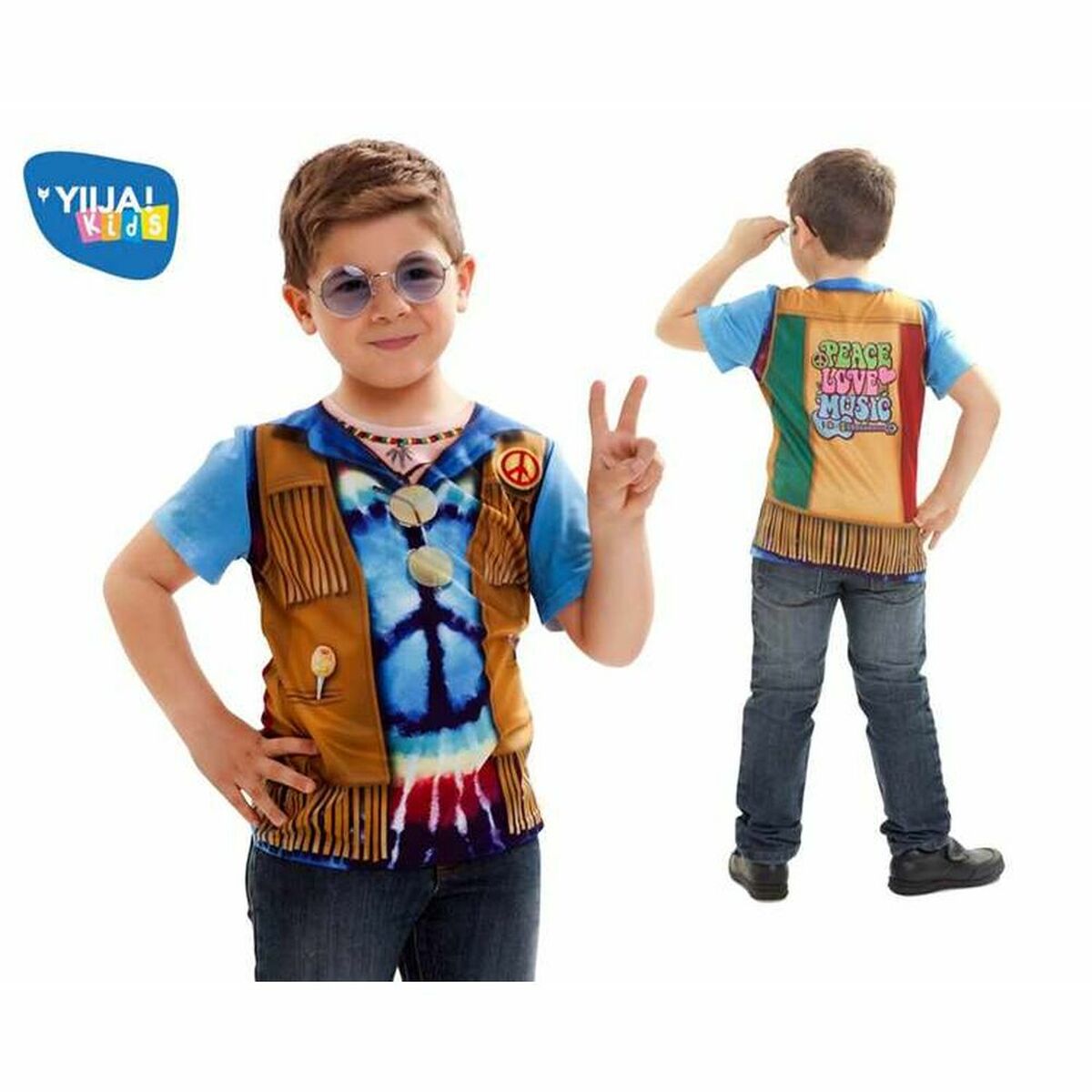 Ett barn i en färgglad hippie-dräkt med tie-dye-mönster och en väst.