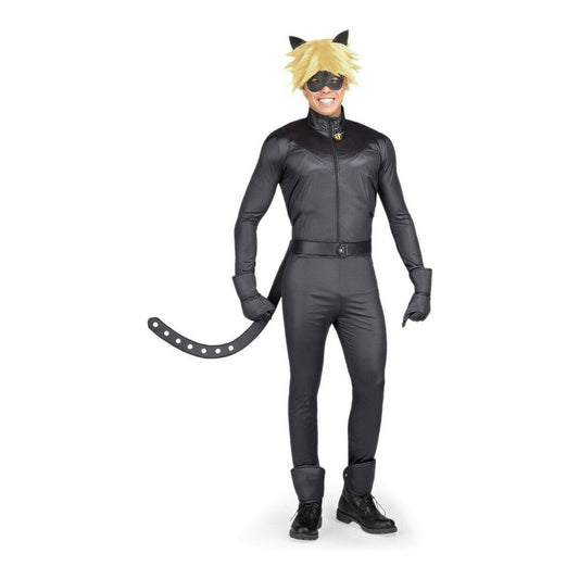 Ett barn eller ung vuxen poserar i en helkropps svart Cat Noir-maskeraddräkt med blond peruk, ögonbindel, handskar och en böjd svart svans.