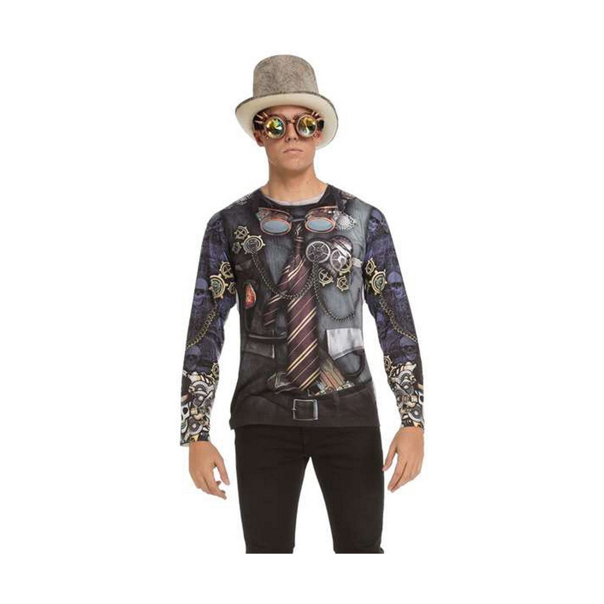 En man bär en långärmad tröja med ett detaljerat 3D-tryck som föreställer en steampunk-dräkt inklusive slips, väst, goggles och kugghjul. Han har även en grå cylinderhatt och stora runda goggles på sig.