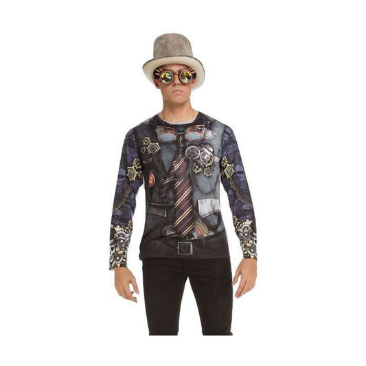 En man bär en långärmad tröja med ett detaljerat 3D-tryck som föreställer en steampunk-dräkt inklusive slips, väst, goggles och kugghjul. Han har även en grå cylinderhatt och stora runda goggles på sig.