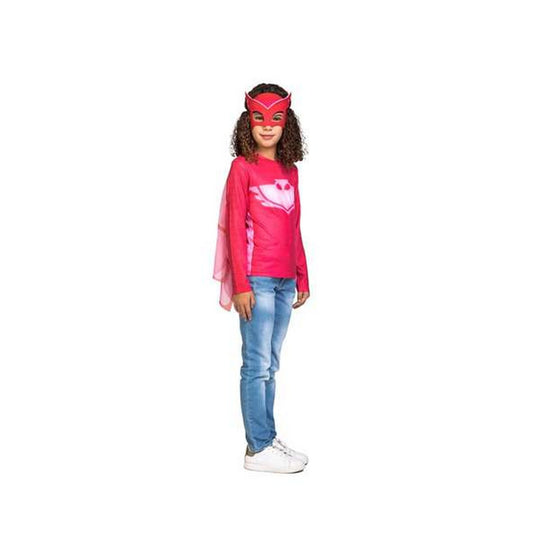 Ett barn har på sig en röd-rosa Owlette maskeraddräkt från PJ Masks, bestående av en långärmad tröja med logga och en liten mantel samt en matchande mask.