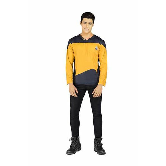 En man visar upp en långärmad Star Trek T-shirt i gult och mörkblått, liknande Data's uniform, som en del av en maskeradkostym.