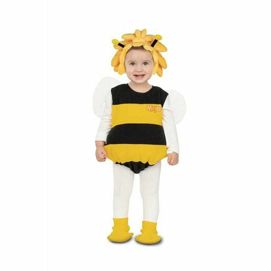 En glad bebis klädd i en gul- och svartrandig Maya the Bee-dräkt med fluffig gul mössa och små vita vingar.