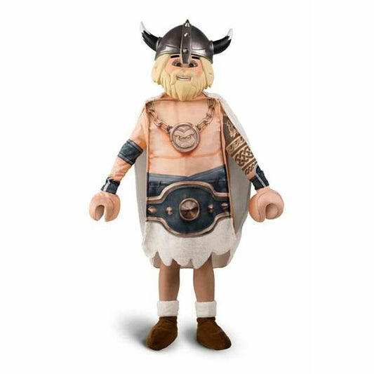 Ett barn i en brun Playmobil-inspirerad vikingadräkt med hjälm, skägg, mantel och stora plastiska händer och fötter.