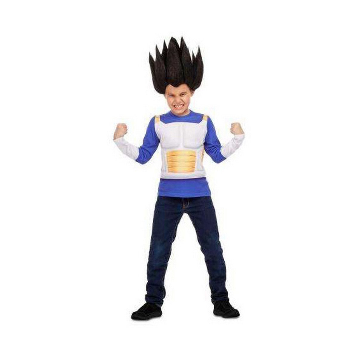 Ett barn poserar kaxigt i en galen Vegeta-dräkt med en spretig peruk.