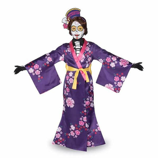 En barnmaskeraddräkt föreställande en kimono med ett blommönster i lila och rosa, en guldfärgad obi och smink som föreställer en socker-skalle.
