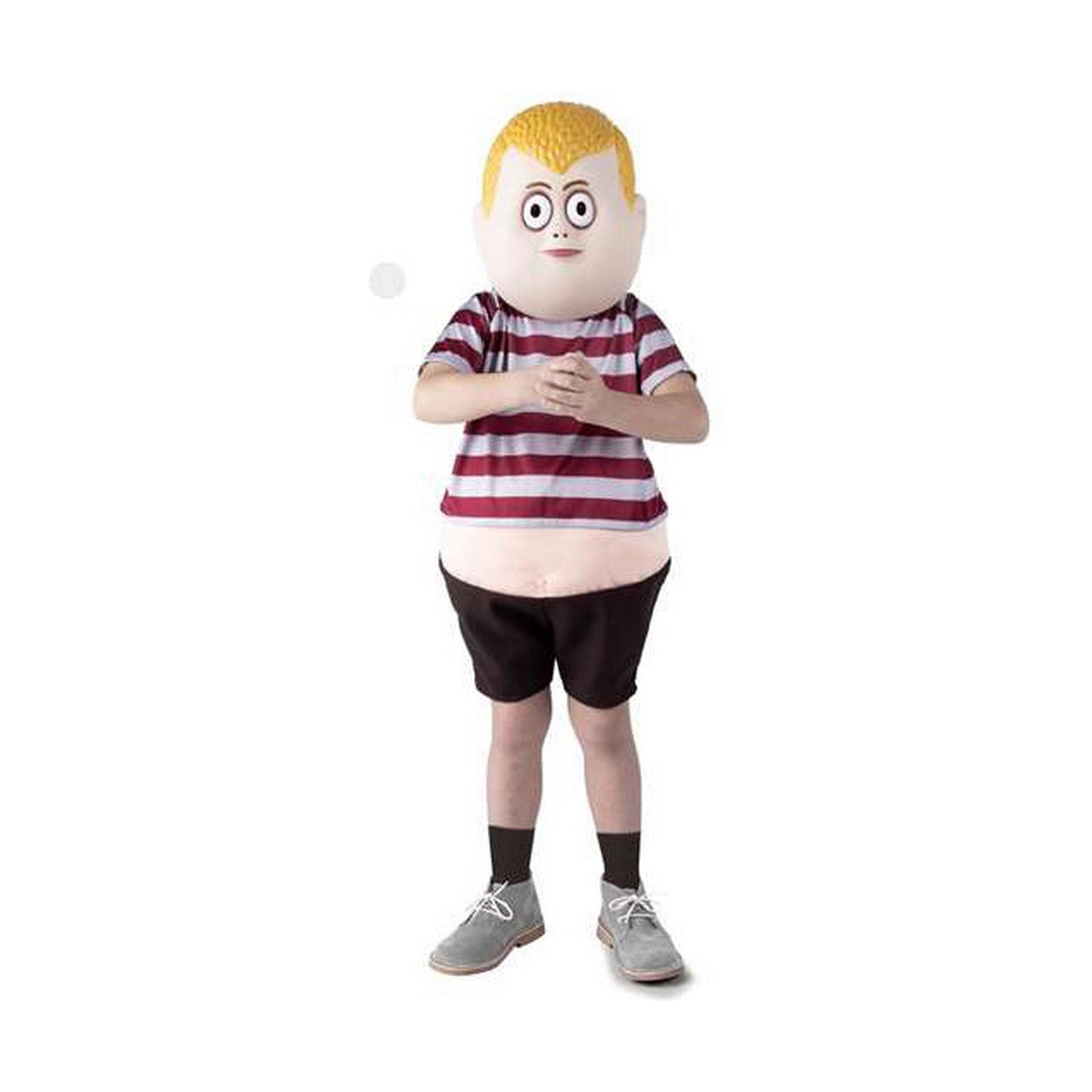 Ett barn iklätt en Pugsley Addams maskeradkostym med en stor huvudmask och randig tröja.