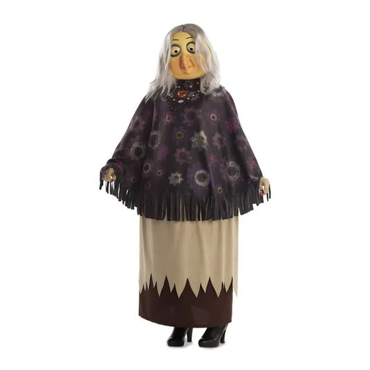 Vuxenmaskeraddräkt som föreställer en karaktär liknande Grandma Addams, med grått peruk, en stor mask med utstående ögon och en mönstrad poncho med fransar över en lång beige och brun kjol.
