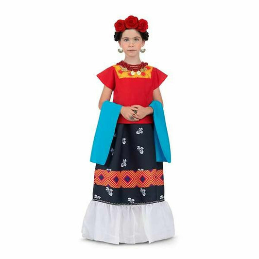 Ett barn klädd i en Frida Kahlo-inspirerad maskeraddräkt med röd topp, en mönstrad mörk kjol med vit volangnederkant och en röd blomsterkrans i håret.