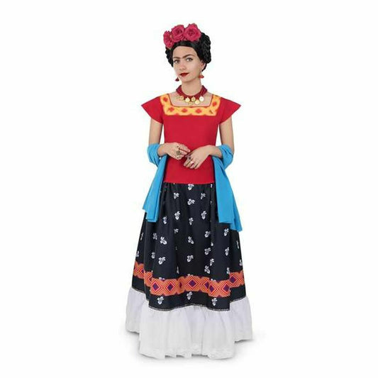 En kvinna bär en färgglad Frida Kahlo-inspirerad maskeraddräkt med röd topp, mönstrad svart kjol, blå sjal och en blomsterkrans på huvudet.