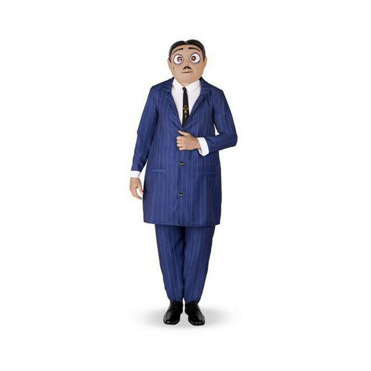 En vuxenperson iklädd en Gomez Addams maskeraddräkt bestående av en randig blå rock, matchande byxor, vit skjorta, svart slips och en mask med karaktäristiska drag.