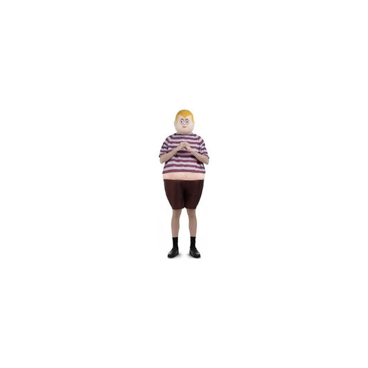 En vuxen person bär en Pugsley Addams maskeraddräkt med ett randigt lila/vitt överkroppsparti som ger illusionen av en stor mage, bruna shorts och ett gult, runt huvudstycke med stora ögon.