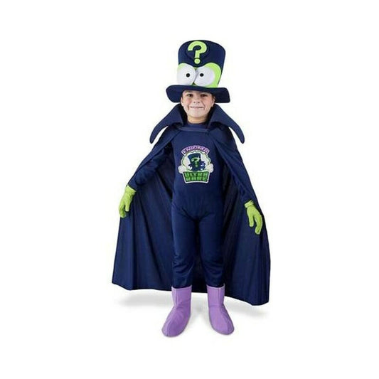 Ett barn klädd i en mörkblå maskeraddräkt som föreställer karaktären Enigma från Superthings, komplett med en cape, dräkt och en hatt med ett stort grönt frågetecken.