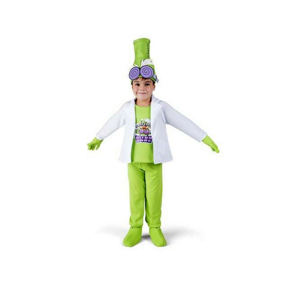 Ett barn klädd i en galen vetenskapsman maskeraddräkt med en grön hatt, vit labbrock, grön t-shirt och ljusgröna byxor.