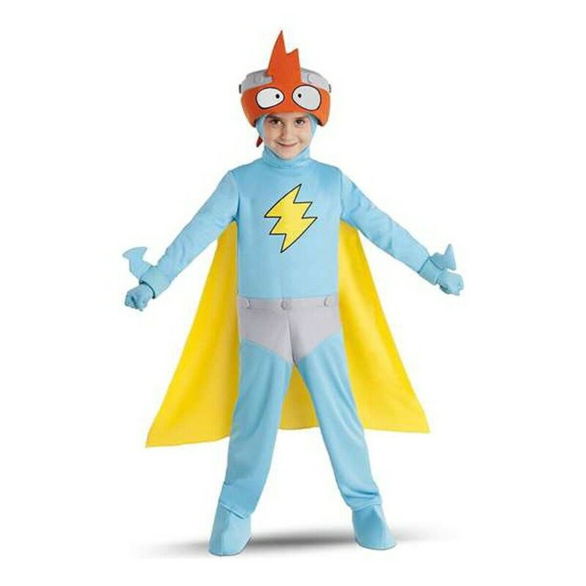 Ett litet barn i en komplett Superthings Kid Kazoom maskeraddräkt som är ljusblå med grå detaljer och en stor gul cape, samt en orange hjälm med stora ögon.