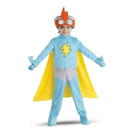 Ett leende barn klädd i en ljusblå Superthings Kid Kazoom maskeraddräkt med gul mantel och en orange hjälm med stora ögon.