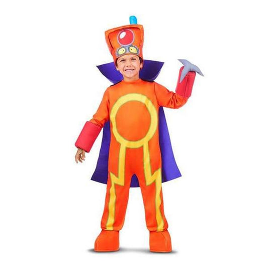 Ett glatt barn klädd i en orange Superthings Oculus maskeraddräkt med hatt, lila cape, röda armskydd och ett grått stjärnformat vapen.