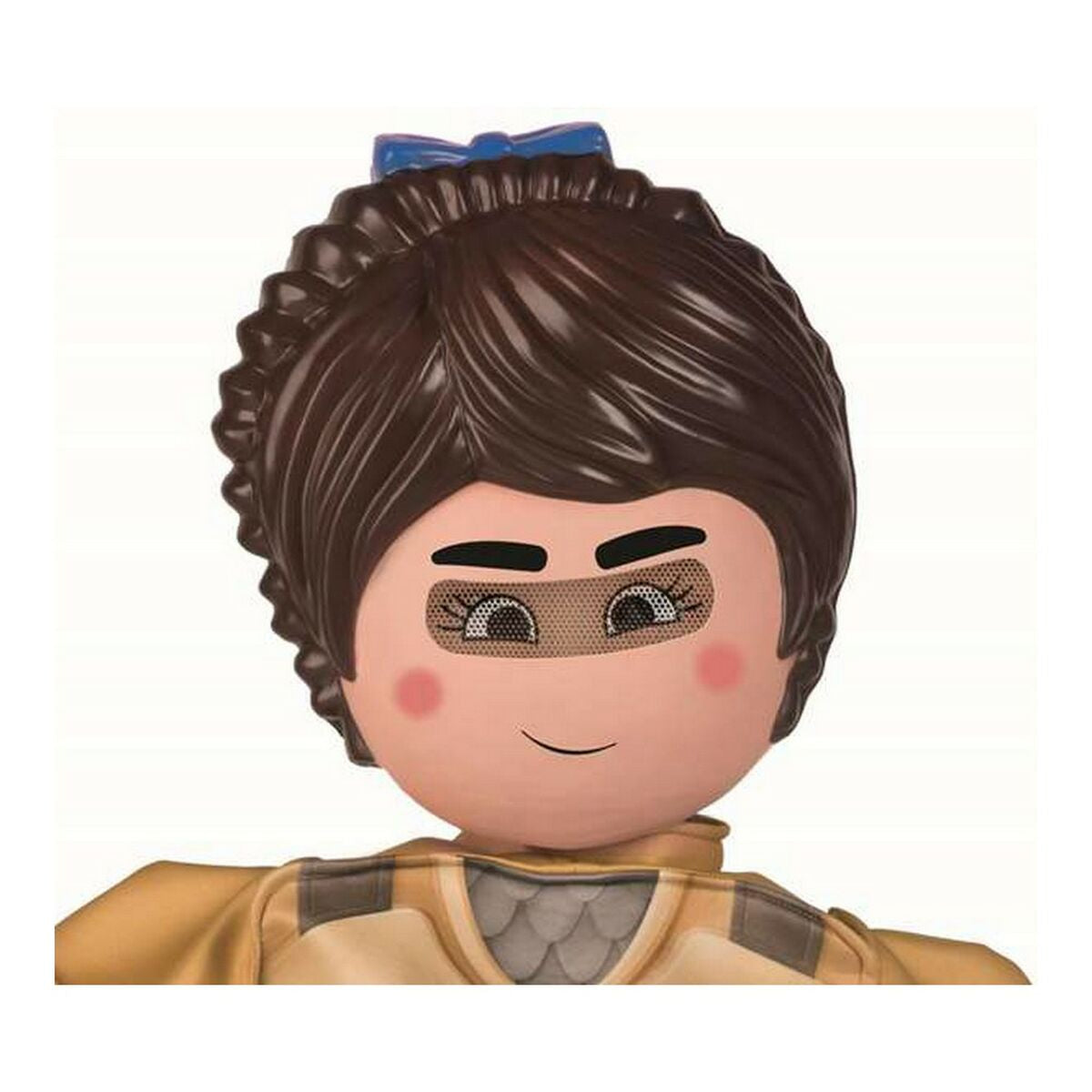 Närbild på en stor, plastliknande mask föreställande karaktären Marla från Playmobil, med brunt hår, en blå rosett och nät över ögonen.