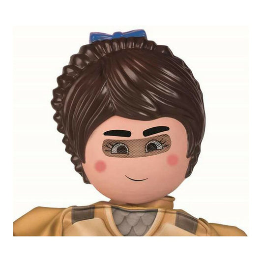 Närbild på en stor, plastliknande mask föreställande karaktären Marla från Playmobil, med brunt hår, en blå rosett och nät över ögonen.