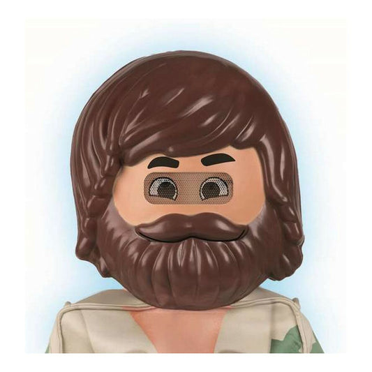 Närbild på en stor, brun Playmobil-inspirerad mask med tjockt brunt hår, skägg och en nätbeklädd ansiktsdel för ögonen.