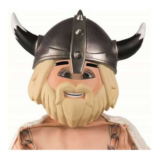 En närbild på en plastmask föreställande en Playmobil-figur med blont skägg och en mörkgrå vikingahjälm med svarta och vita horn.