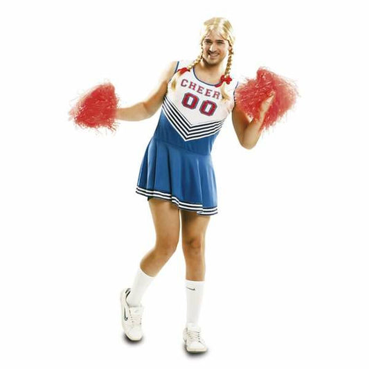 En man i en blå och vit cheerleaderdräkt med texten "CHEER 00" som håller i röda pompoms och poserar kaxigt.