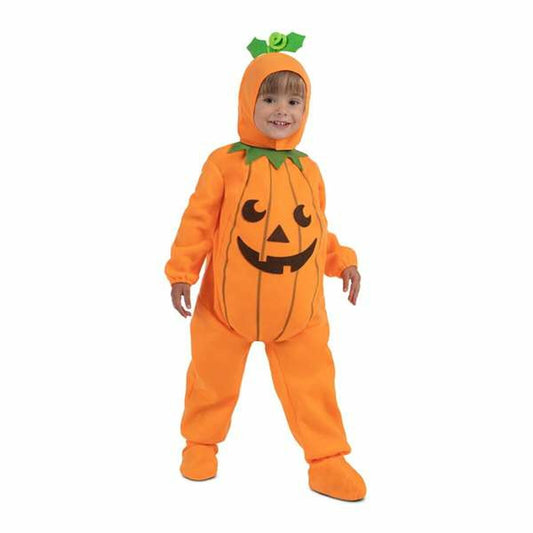 Ett glatt litet barn i en hel, fluffig orange pumpadräkt som inkluderar en huva med ett litet grönt stam- och bladmotiv på toppen.