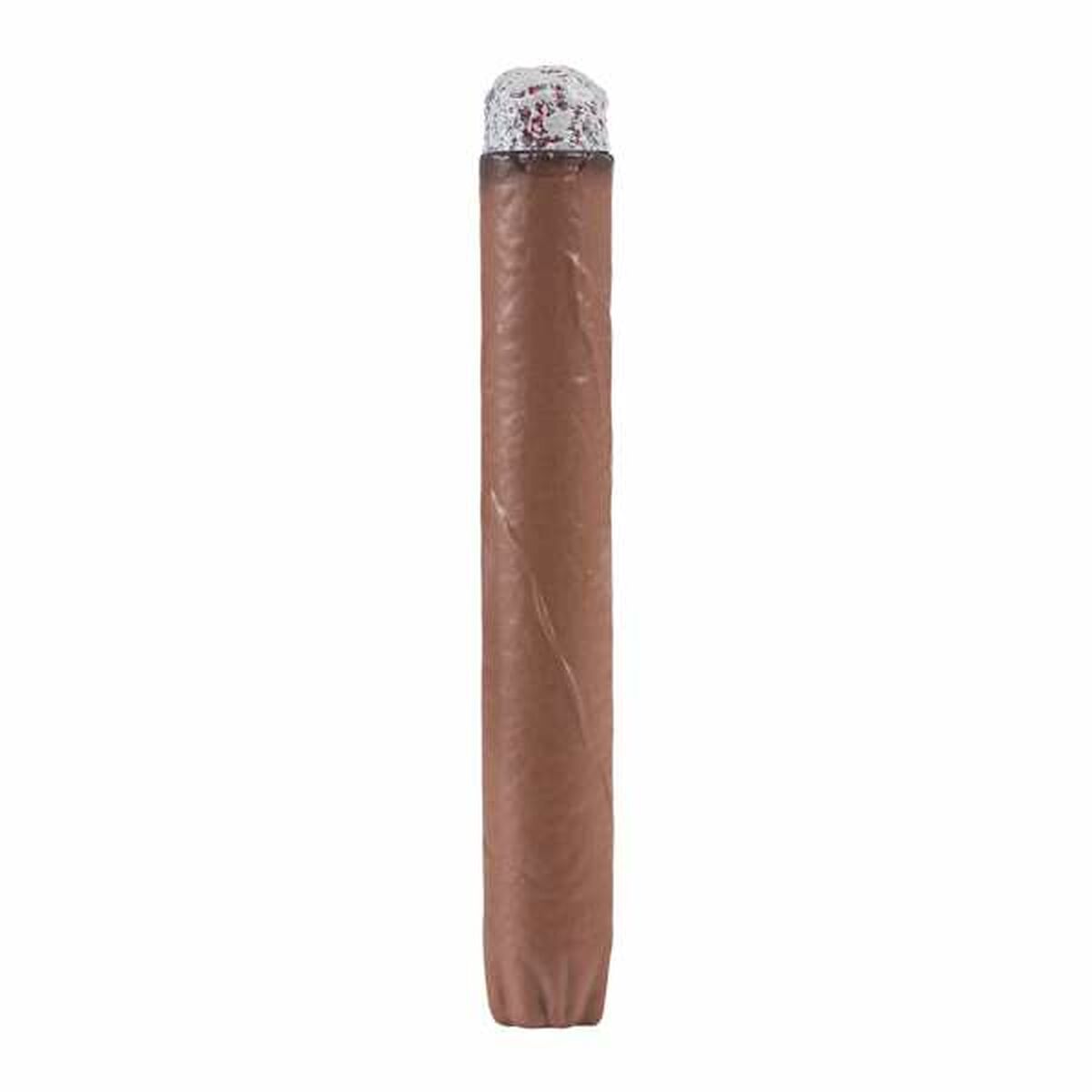 Nærbillede af en oppustelig, brun legetøjs-cigar med et sølvfarvet, krøllet bånd i enden.