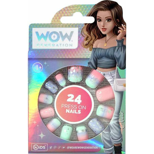 Förpackning med WOW Generation lösnaglar som visar 24 press-on naglar i pastellfärger med ombre och glitterdetaljer, bredvid en tecknad tjejfigur.
