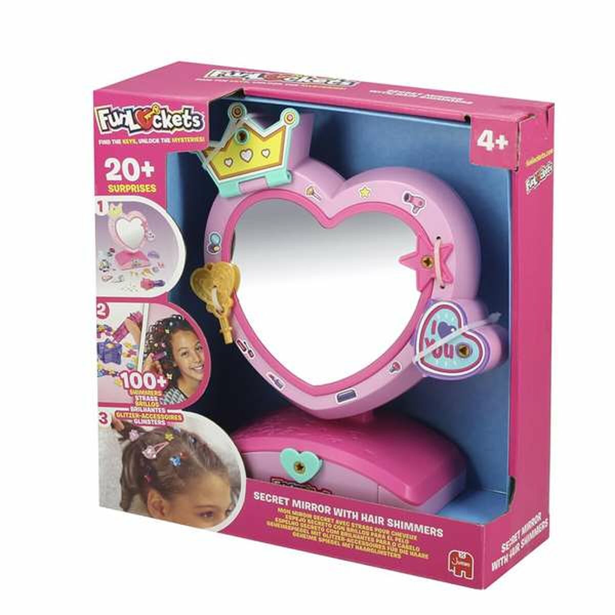 Ett rosa, hjärtformat skönhetsset med en spegel och en liten krona, förpackat i en låda som visar att det innehåller över 20 överraskningar och glitter för håret.