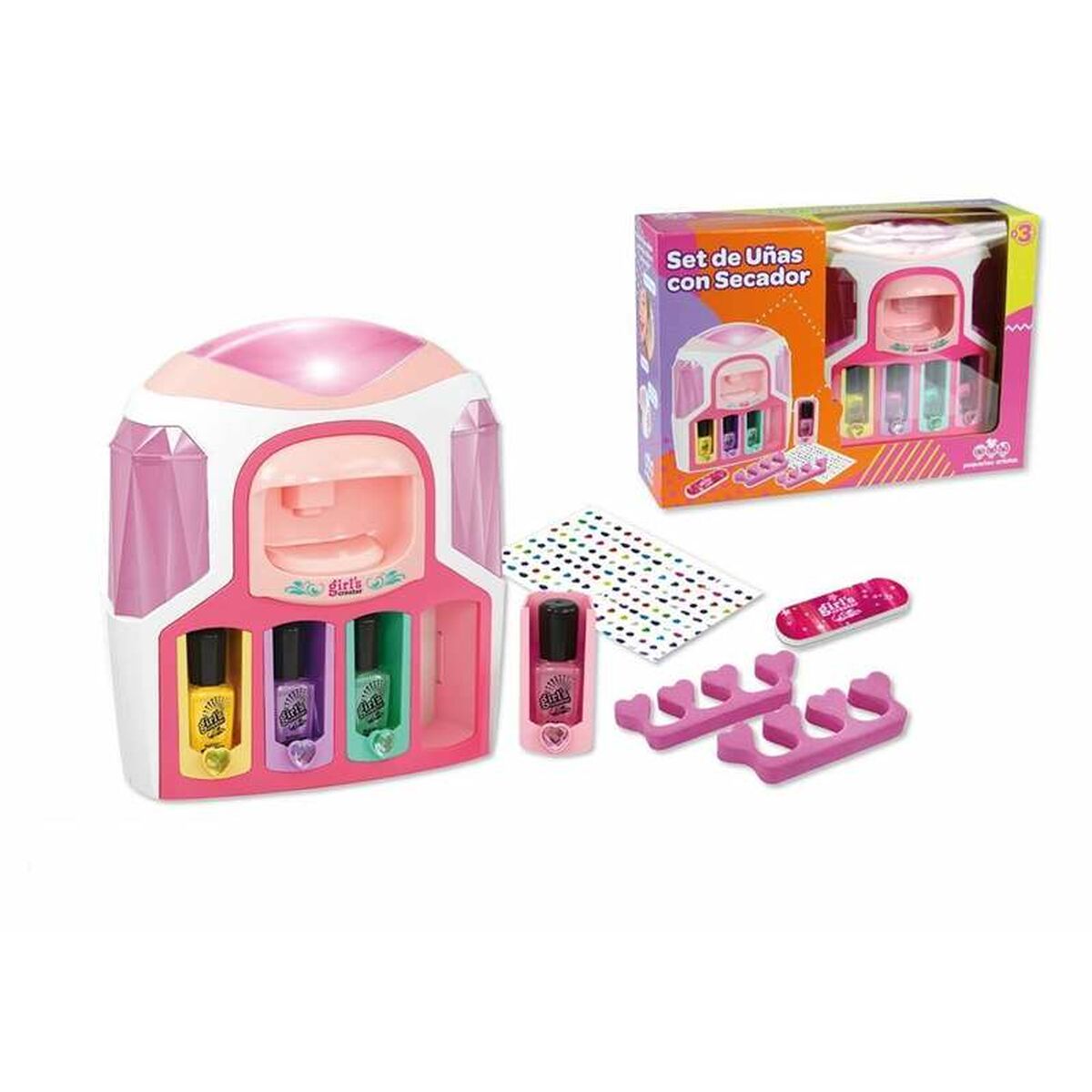 Ett rosa och vitt nageldesignset med en inbyggd torkmaskin, tre nagellack i hållare, ett löst nagellack, tåspridare i rosa och ett ark med nageldekaler.