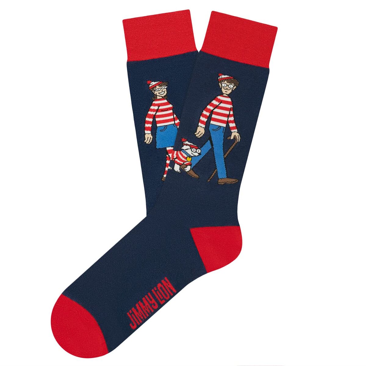 Mörkblå strumpor med röda detaljer och motiv föreställande karaktärerna från Where's Waldo.