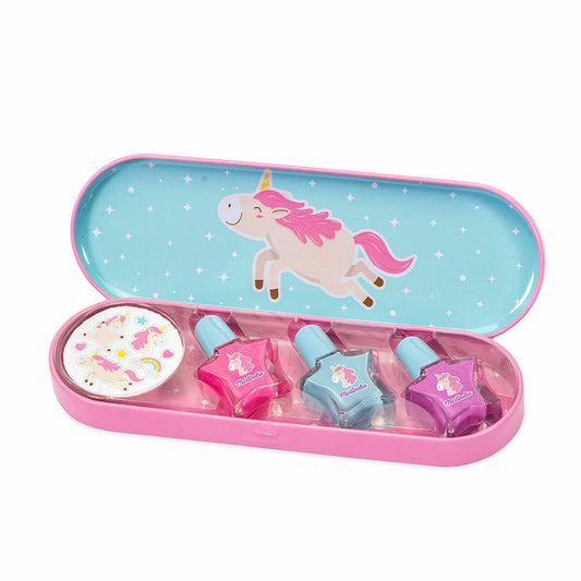 En öppen rosa förvaringslåda med ett blått lock dekorerat med en hoppande enhörning, innehållandes tre stjärnformade nagellack och ett ark med enhörningstatueringar.