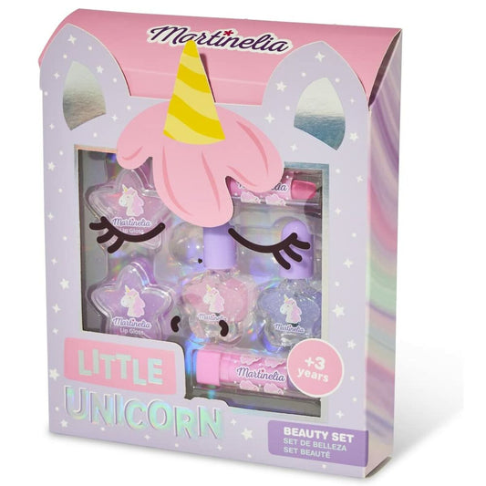 En färgglad ask formad som ett enhörningshuvud, innehållande ett Little Unicorn sminkset med nagellack, läppstift och cerat.