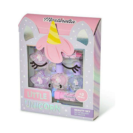 Ett rosa och lila sminkset för barn med enhörningstema som innehåller nagellack, läppstift och läppglans.