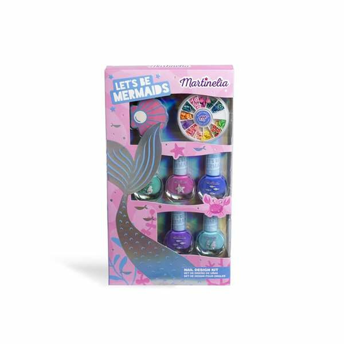 Förpackning till ett barnsminkset med temat sjöjungfrur, innehållande fyra nagellack och en rund behållare med nageldekorationer.