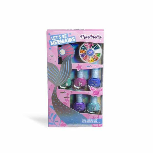 Förpackning till ett barnsminkset med temat sjöjungfrur, innehållande fyra nagellack och en rund behållare med nageldekorationer.