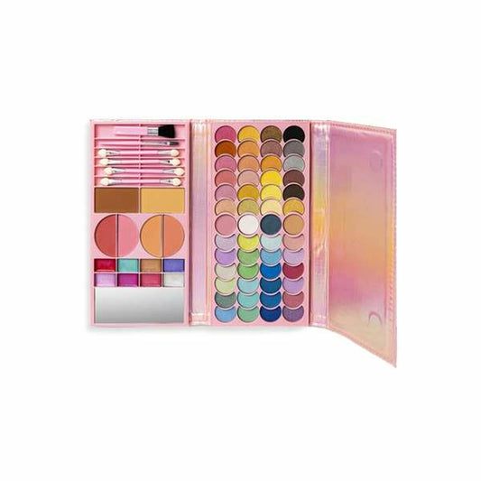 Ett öppet, rosa och holografiskt sminkset för barn med massor av runda ögonskuggor i olika färger, rouge, foundations och flera sminkborstar.