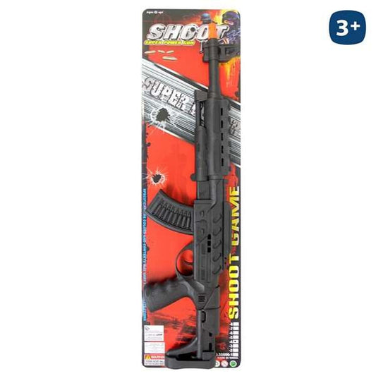 Svart leksaksvapen i form av ett maskingevär på 62 centimeter i sin förpackning.