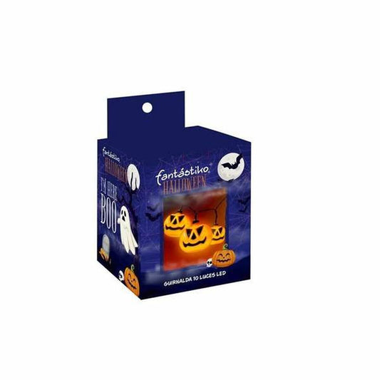 En mörkblå förpackning för en halloweenljusslinga som visar tio lysande, orangea pumpalyktor som hänger i en slinga.