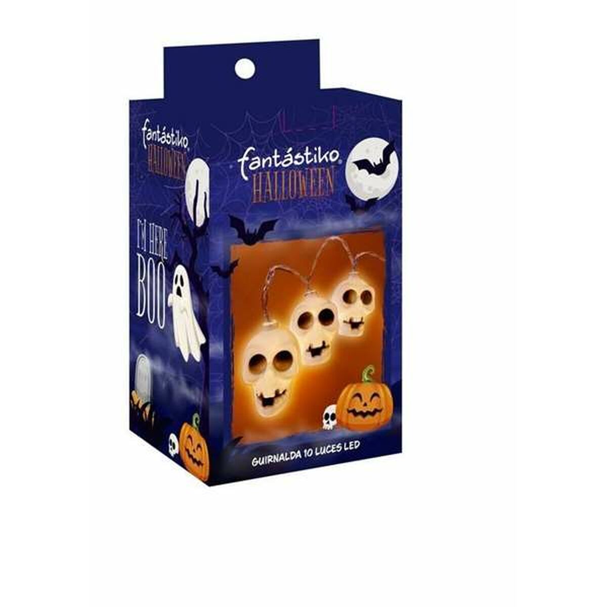 En kartong med lysande skallampor för Halloween, med texten "Fantastiko Halloween" på.