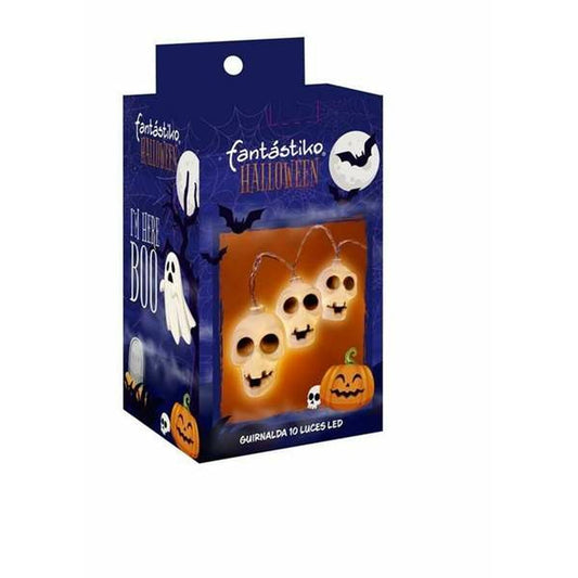 En kartong med lysande skallampor för Halloween, med texten "Fantastiko Halloween" på.