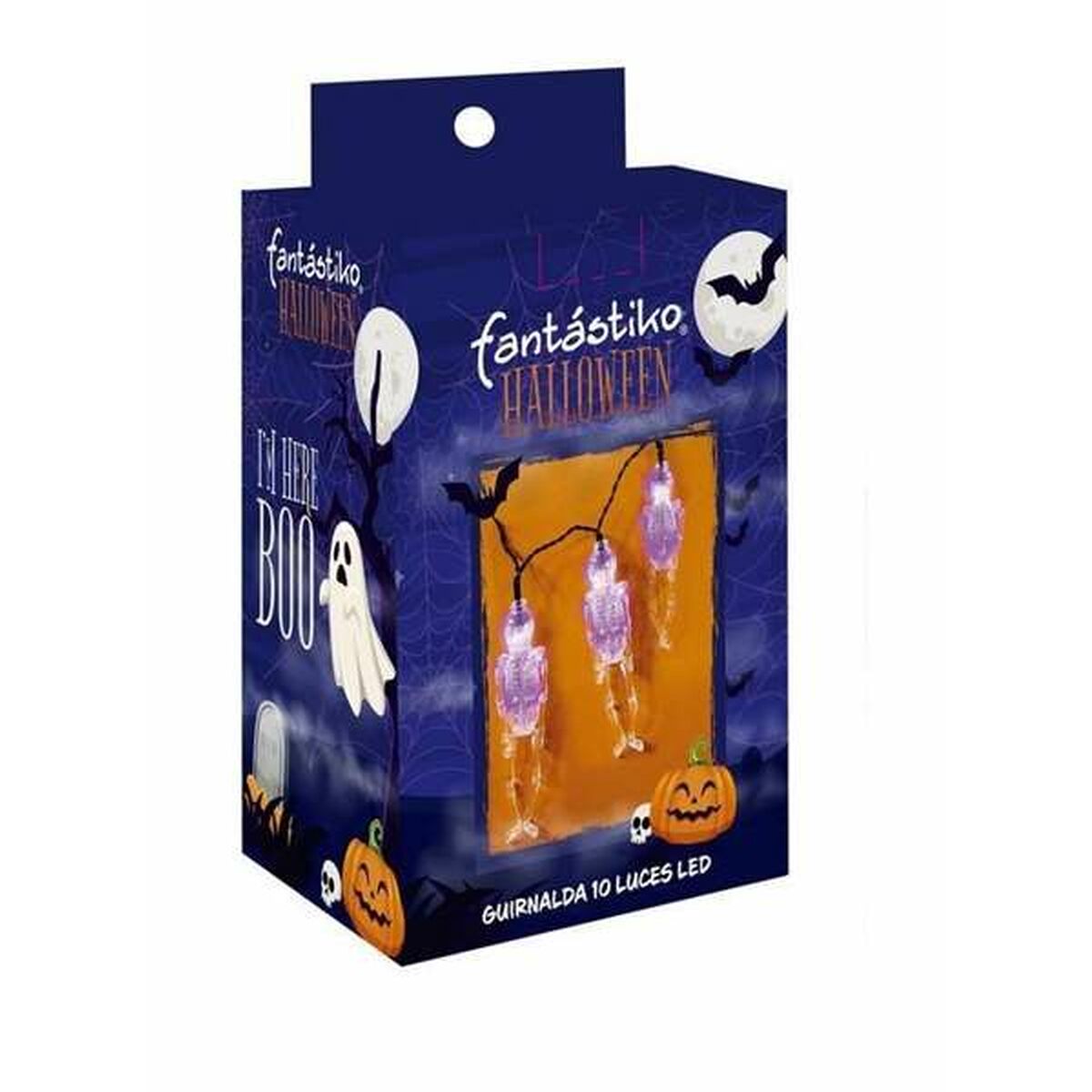 En förpackning med "fantástico HALLOWEEN" ljusslinga som visar skelettformade LED-lampor.