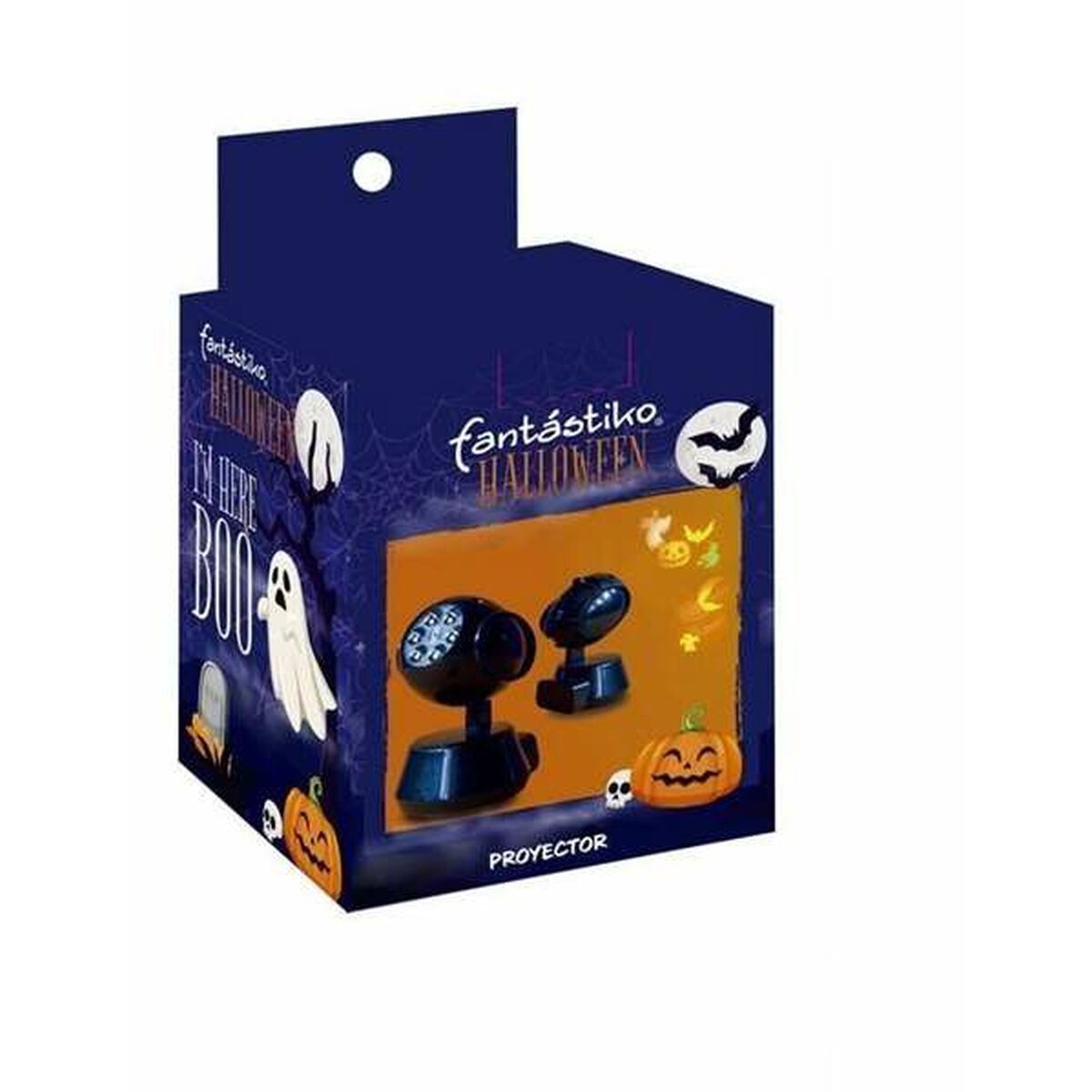 En skrämmande Halloween-projektor med bilder av spöken, pumpor och fladdermöss på lådan.